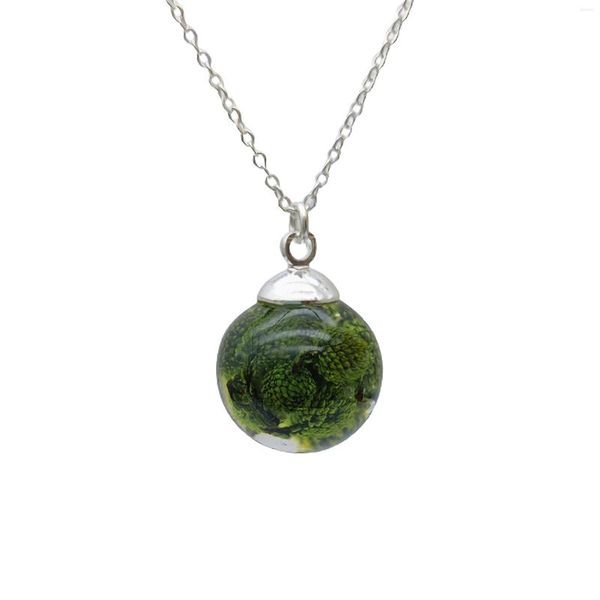 Pendentif Colliers Vert Berzelia Lanuginosa Véritable Fleur Résine Boule De Verre En Argent Sterling Couleur Chaîne Collier Femmes Ras Du Cou Boho Mode