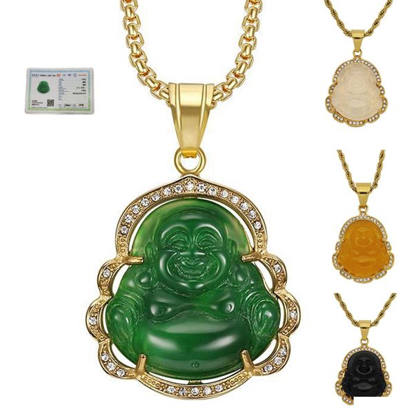 Pendentif Colliers Bijoux de Jade vert rire bouddha pendentif chaîne collier pour femmes en acier inoxydable 18K plaqué or Amet accessoires Ott6Y