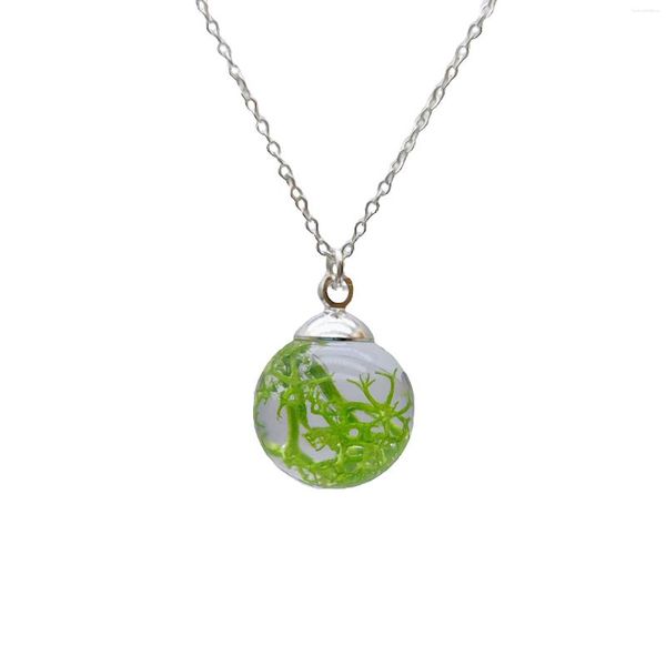 Pendentif Colliers Vert Mousse Résine Fleur Résine Boule De Verre En Argent Sterling Couleur Chaîne Collier Femmes Ras Du Cou Boho Bijoux De Mode À La Main