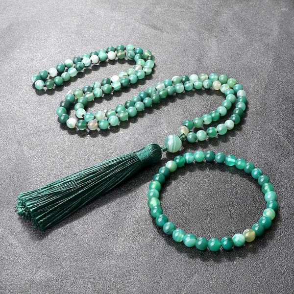 Pendentif Colliers Green Stripe Agates Collier Bracelet pour femmes 108 Mala Perles Nature Pierre À La Main Hommes Bohème Charme Yogo Bijoux