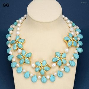 Pendentif Colliers GuaiGuai Bijoux 2 Rangées Naturel Culture Blanc Riz Perle Bleu Turquoises Fleur Collier À La Main Pour Les Femmes