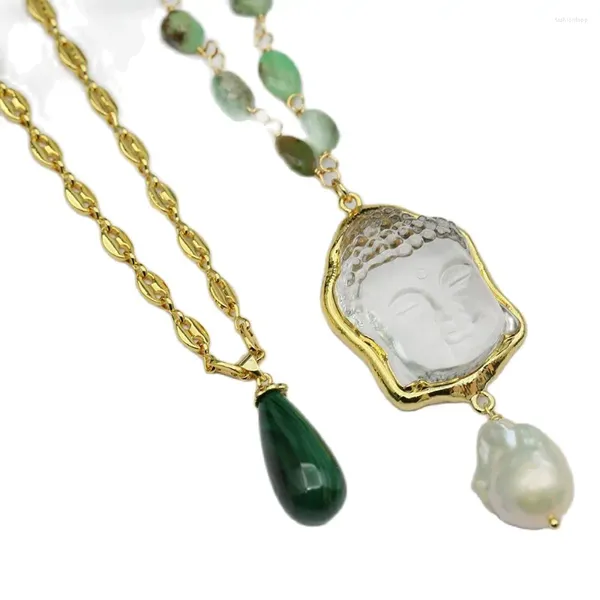 Colliers pendants Guaiguai Bijoux 2 Rows Real Green Chrysoprases Gold plaqué Collier Chrysocolla Buddha Baroque Pearl