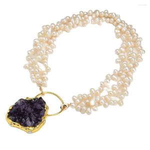 Pendentif Colliers GuaiGuai Bijoux 3 rangées Collier de perles de riz blanc Collier d'améthystes violettes Quartz plaqué or 24 carats pour femmes