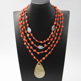 Hanger kettingen guaiguai sieraden 4 rijen oranje koraal witte opaal kristallen ketting natuurlijke gele schaal goud kleur handgemaakt voor vrouwen