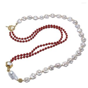 Hanger kettingen guaiguai sieraden natuurlijke witte bloem parel rood koraal cz pave barokke trui ketting lange ketting handgemaakt voor vrouwen