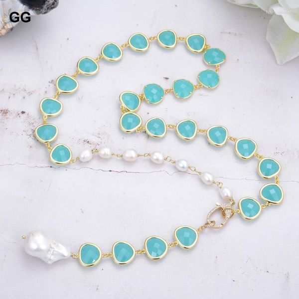 Collares colgantes GuaiGuai Joyería Arroz Blanco Perla Collar de Cristal Verde Keshi 28''Colgante