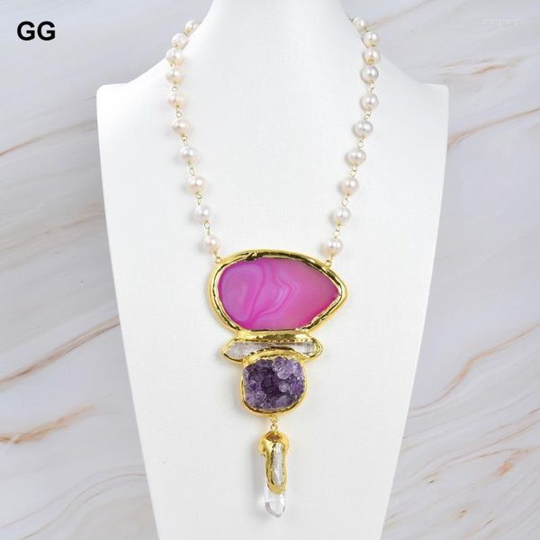 Pendentif Colliers GuaiGuai Bijoux Blanc Perle Rosaire Chaîne Collier Rouge Rose Agate Tranche Améthyste Quartz Point 20