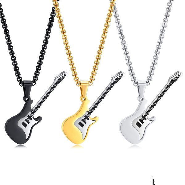 Colliers de pendentif guitare pour hommes femmes en acier inoxydable / or / couleur noire musique rock hip hop bijoux cadeau personnalisés choix avec 24 i dhmac