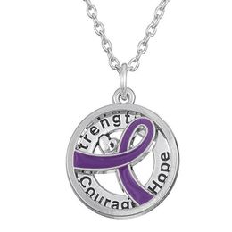 Pendentif Colliers GX055 Sensibilisation au cancer Purper Ruban Sier Plaqué Force Espoir Courage Lettres d'amour Collier rond creux pour cadeau Dh2Pe