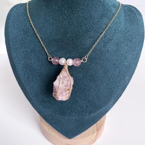 Collares colgantes H9ed Pink Crystal Amethyst Green Aventurine Pearl Charl Collar Temperamento de piedra natural irregular