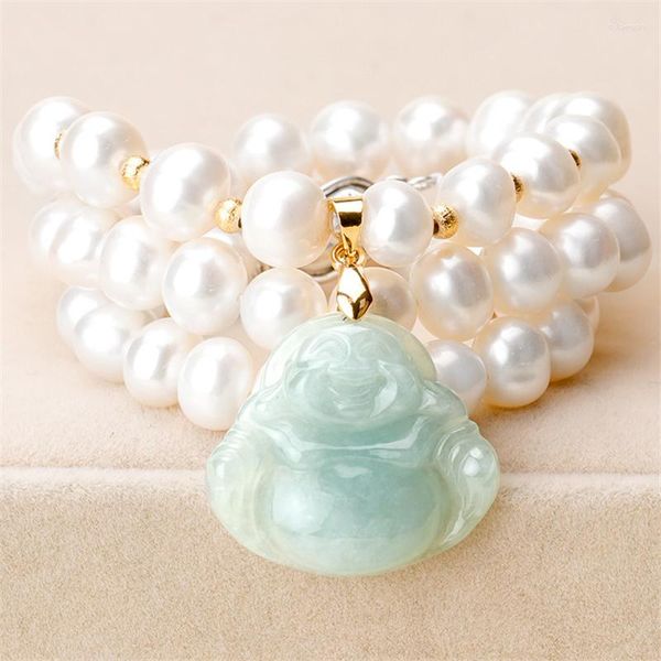 Pendentif Colliers HABITOO Emeraude Jade Bouddha Blanc Perle D'eau Douce Collier 18 pouces Bijoux Pour Femmes Charmant Cadeaux Usage Quotidien