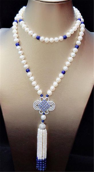 Pendentif Colliers Habitoo Naturel 8-9mm Blanc Perle d'eau douce Lapis Lazuli CZ Collier de noeud chinois 36 pouces Bijoux classiques élégants