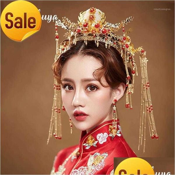 Pendentif Colliers Pinces à cheveux Barrettes Niushuya Mariage de luxe Mariée Accessoires chinois traditionnels Coiffure de mariée Or Tiara Rou Otmci