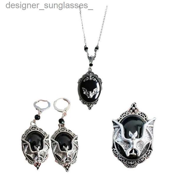 Pendentif colliers Halloween chauve-souris noire Vampire boucles d'oreilles collier bague ensemble de bijoux Halloween effrayant décor fête gothique bijoux cadeau pour femmes fille L231218