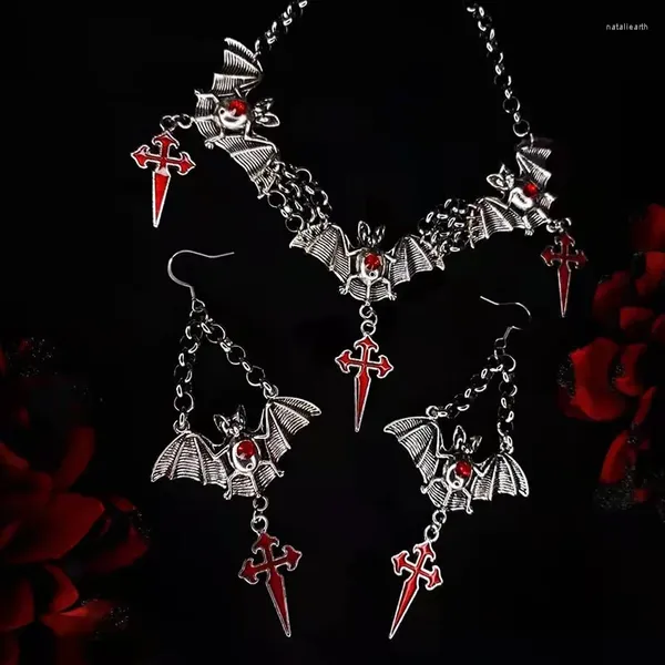 Collares colgantes Halloween Gótico Oscuro Exagerado Gotas Rojas Pendientes de Murciélago Collar Cruzado Conjunto Joyería Y2K Punk