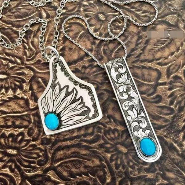 Pendentif Colliers Étiquette De Bétail Martelé Avec Petit Collier En Pierre Turquoise Superposition Minimaliste Cadeau De Vacances Pour Femmes Fille Boho Bar Cowtag