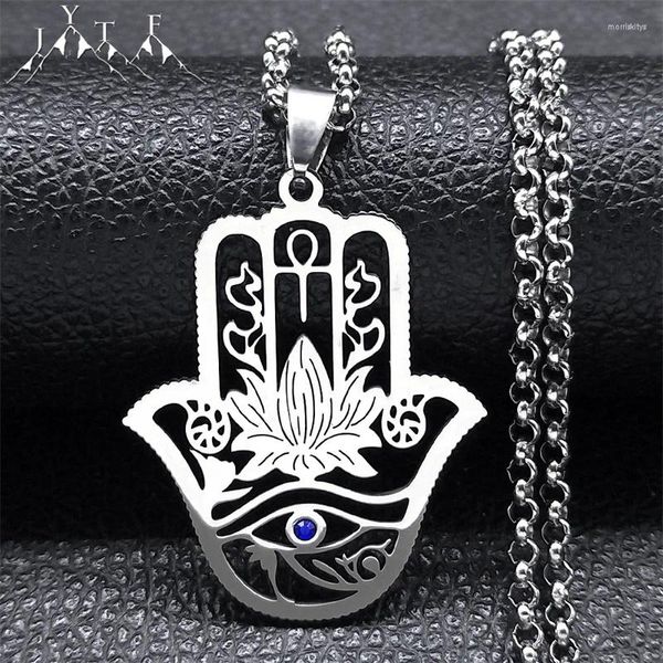 Colliers pendants Hamsa Hand de Fatima Lotus Flower Eye Horus Collier Femmes en acier inoxydable Couleur argentée Ankh Life Kead Bijoux