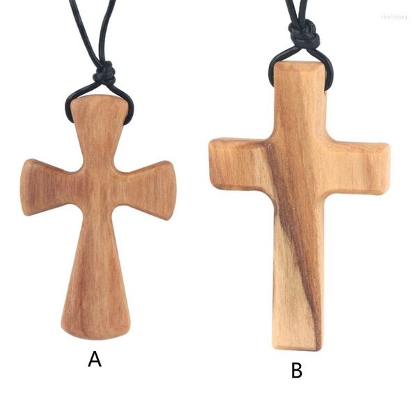 Collares colgantes de madera cónica tallada a mano en forma de cruz, cuerda larga de cuero, oliva ajustable para niños, niñas, hombres y mujeres