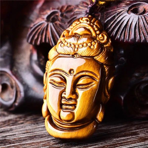 Collares colgantes Cabeza de guanyin con techo a mano para afortunado buda buddha amuleto amuleto cuerda libre tigre ojo de tigre