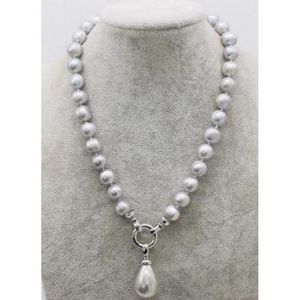 Collares pendientes hechos a mano 10-11mm perla de agua dulce gris cerca de gotas de agua redondas Shell Nelace 45cm colgante