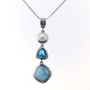 Colliers pendants faits à la main 925 argent sterling naturel Natural Blue Caribbean Larimar Pearl Collier pour femmes femmes filles bijoux Gift Trendy