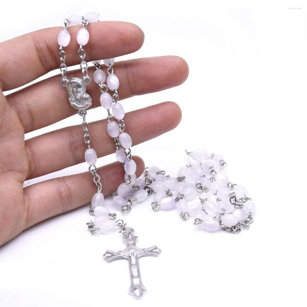 Hanger Kettingen Handgemaakte Christus Jezus Kruis Ketting Witte Hars Rozenkrans Kralen Ketting Religieuze Katholieke Gebed Sieraden Gift