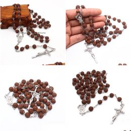 Fait à la main Christ Hommes Catholique Cadeau Croix Pendentif Collier Rose Perles En Bois Rosaire Jésus Bijoux Drop Livraison Cou Dhcum