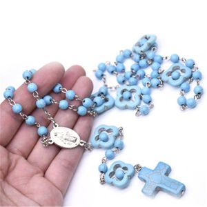 Pendentif Colliers À La Main DIY Religieux Catholique Orthodoxe Chapelet Bleu Turquoises Prier Croix ColliersPendentif