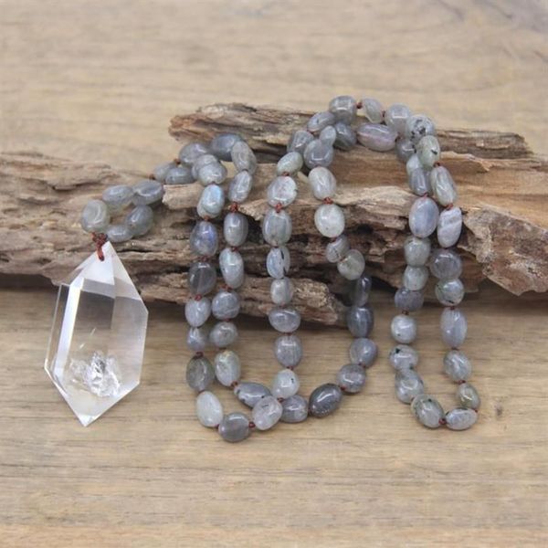 Colliers faits à la main Collier de noeud fait à la main Naturel Labradorite Nugget Chip Perles Cristal Quartz Double Point Pendentifs Mala Yoga Jewe289N