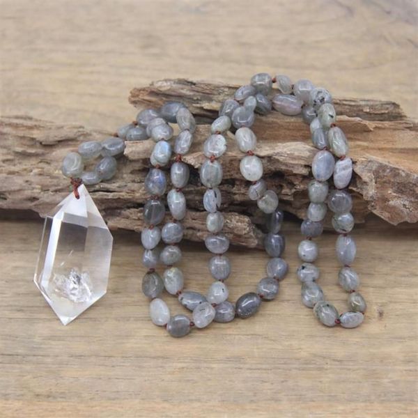 Pendentif Colliers Collier de noeud fait à la main Naturel Labradorite Nugget Chip Perles Cristal Quartz Double Point Pendentifs Mala Yoga Jewe268p