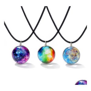 Pendentif Colliers À La Main Lumineux Boule De Verre Couple Collier Pour Womem Hommes Galaxy Modèle Cosmique Fantasy Globe Chaîne En Cuir Penda Dhhdy