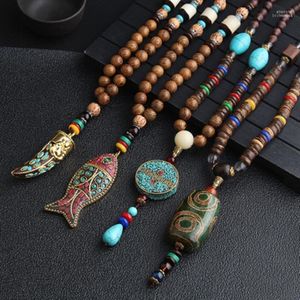 Pendentif Colliers Fait Main Népal Collier Bouddhiste Mala Bois Perles Ethnique Corne Poisson Long Déclaration Bijoux Femmes Hommes Elle22