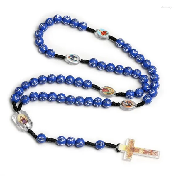 Collares colgantes Collar de cuentas de plástico hecho a mano con joyería de rosario católico de moda para la primera comunión F19D