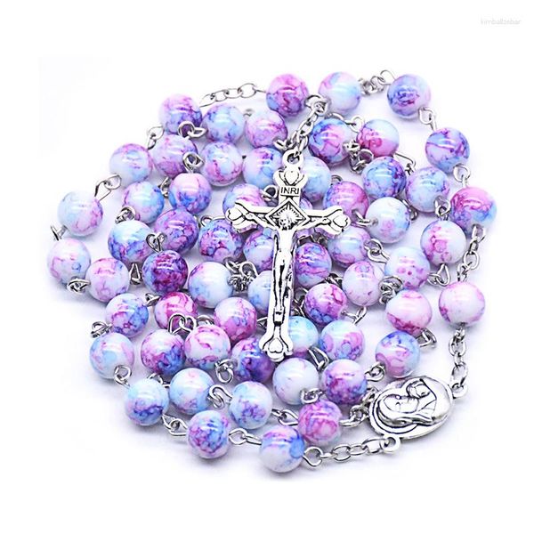 Pendentif Colliers À La Main Ronde Perle De Verre Chapelet Catholique Perles Sainte Vierge Marie Croix Collier Pour Femmes Bijoux Religieux Cadeaux