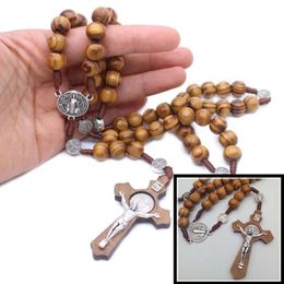 Collares pendientes hechos a mano cuentas de madera redondas Rosario cruz religiosa para mujer Jesús joyería madre regalos