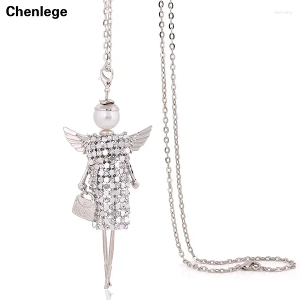 Pendentif Colliers Chandail À La Main CZ Chaîne Long Collier Ailes D'ange Pleine Rhineston Poupée Bijoux Femmes Sautoirs Cristal Fille