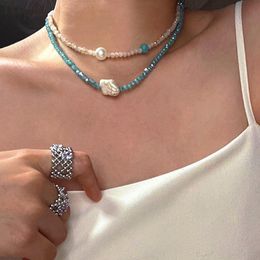 Hangende kettingen hangzhi 2021 2 pc's/set blauw kristal acryl turquoise gesimuleerde parel kralen choker ketting voor vrouwen stapelen sieraden