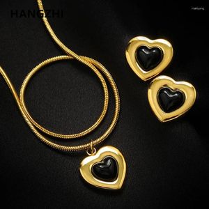 Hanger Kettingen HangZhi Zwart Hart Steen Titanium Staal Goud Kleur Ketting Oorbellen Trendy Voor Vrouwen Partij Sieraden Accessoires 2023