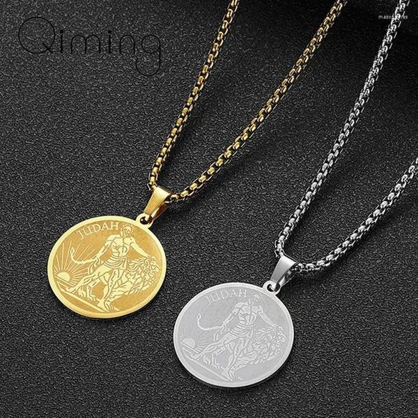 Pendentif Colliers Hanukah Lion de Juda Collier juif pour hommes en acier inoxydable Bijoux anciens Paleo Hébreu Yahusha Coin