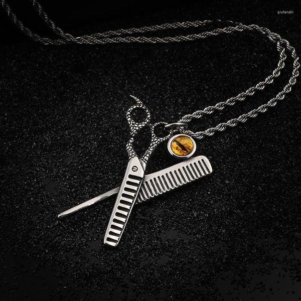 Pendentif Colliers HaoYi En Acier Inoxydable Ciseaux Peigne Collier Pour Hommes Mode Barber Outils Vintage Bijoux