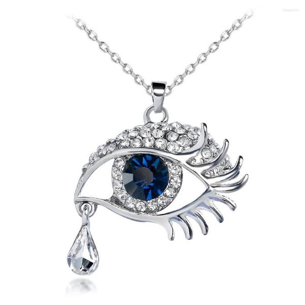 Pendentif Colliers HC Blue Eye Tear Drop Femmes Collier De Mode Argenté Long Vintage Cristal Strass Boho F