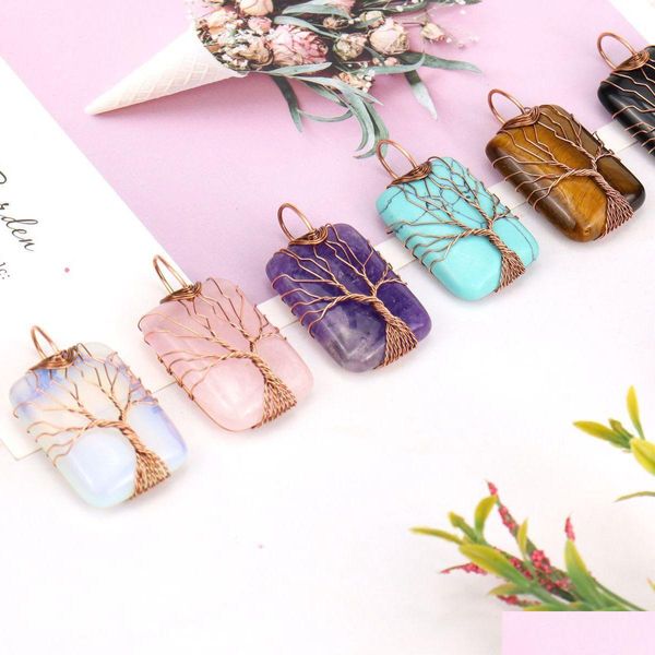 Pendentif Colliers Cristal De Guérison Pierre Naturelle Rec Charmes Ficelle Arbre De Vie Fil Wrap Turquoise Oeil De Tigre Rose Quartz En Gros Je Dhp4V