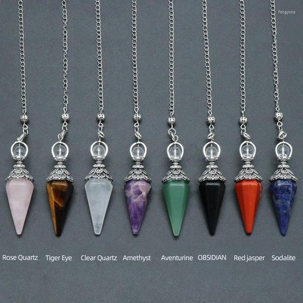 Pendentif Colliers Guérison Pointu Cristal Naturel Divination Pendule Petit Cône Tigereye Obsidienne Quartz Rose Améthystes Radiesthésie Spirituelle