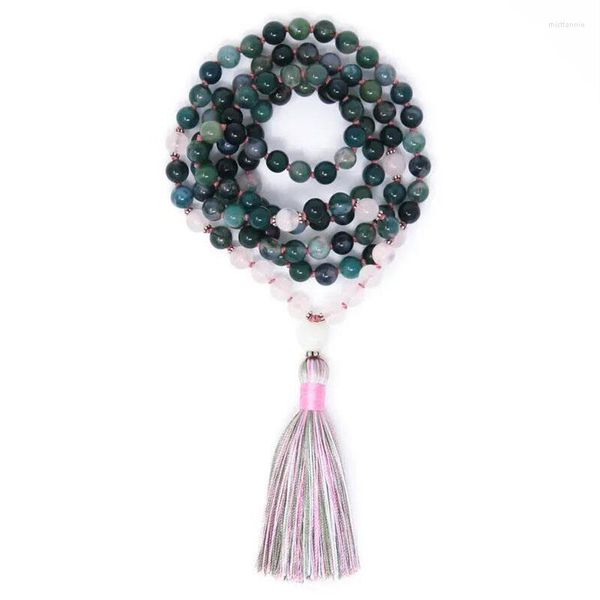 Colliers de pendentif guérison spiritualité rose Q-uarte moss a-gate mala Perles de prière