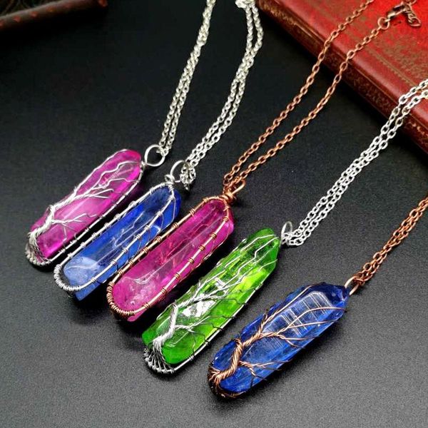 Pendentif Colliers GuérisonRainbow Cristal Pilier Pendentifs À La Main Fil De Cuivre Enveloppé Arbre De Vie En Gros Pour Les Femmes BijouxPendentif