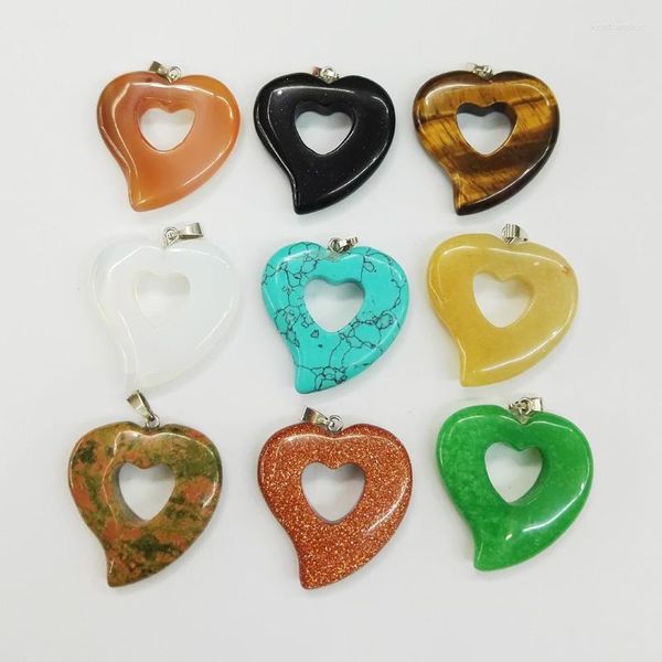 Collares pendientes Corazón Colgantes de piedra natural para la fabricación de joyas Amuletos huecos Accesorios de moda mixtos 12 unids / lote al por mayor