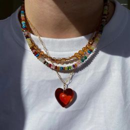 Pendentif Colliers Collier de coeur pour femmes multicouches empilées chaînes de cou en pierre naturelle à la mode pour femmes pull bijoux