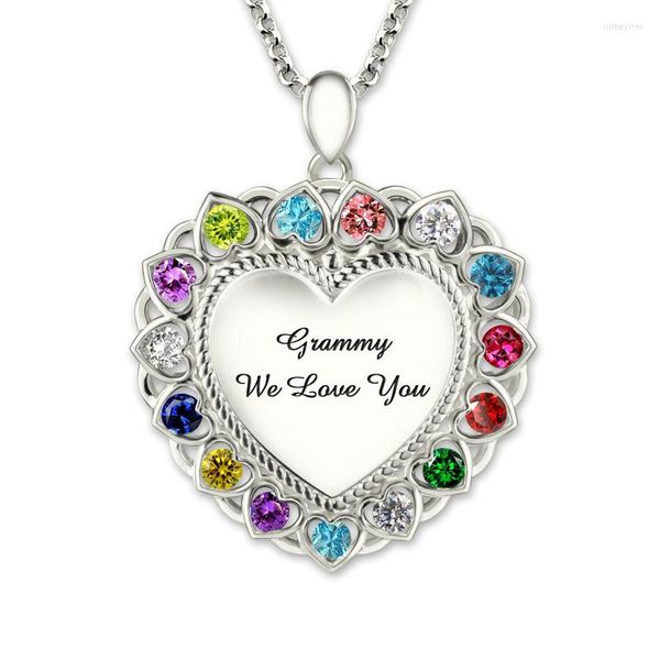 Pendentif Colliers Collier Coeur Avec Pierres De Naissance Argent 925 Personnalisé Gravé Grand-Mère Personnalisé Noms De Famille Lettres Chaîne