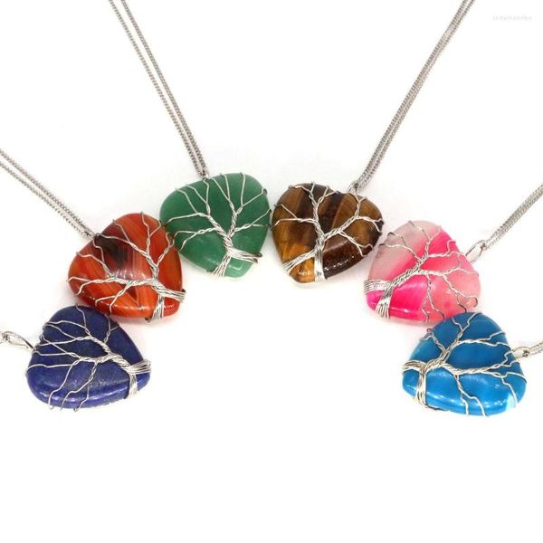 Collares pendientes Collar en forma de corazón Árbol de la vida Alambre envuelto Cristales naturales Lapislázuli Cuarzo rosa Gemas curativas Regalos