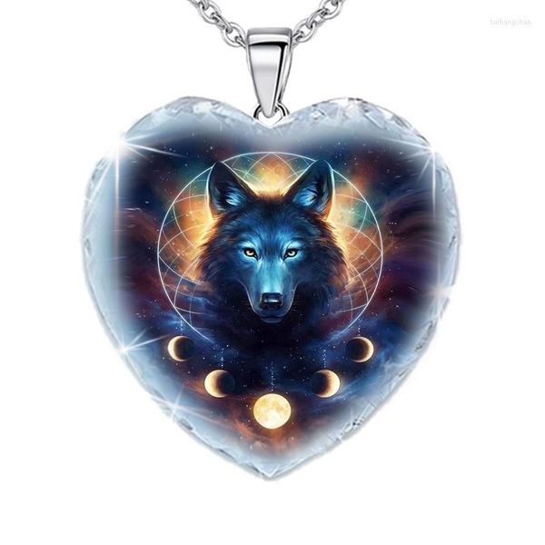 Collares colgantes en forma de corazón de cristal nórdico vikingo Lobo estrella collar joyería femenina accesorios de animales de moda para mujer